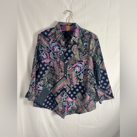 Lauren Ralph Lauren Tops - Women’s 100% Cotton Navy Blue Paisley Patchwork Boho Spring Button Down Size XL